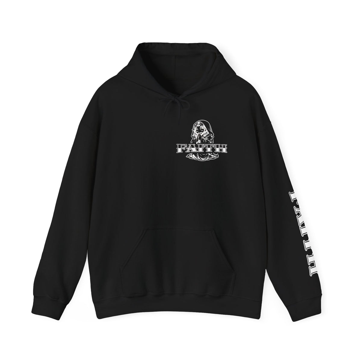 Faith - Graphic Hoodie — Black Religious Faith Pullover with Sleeve and Back Print