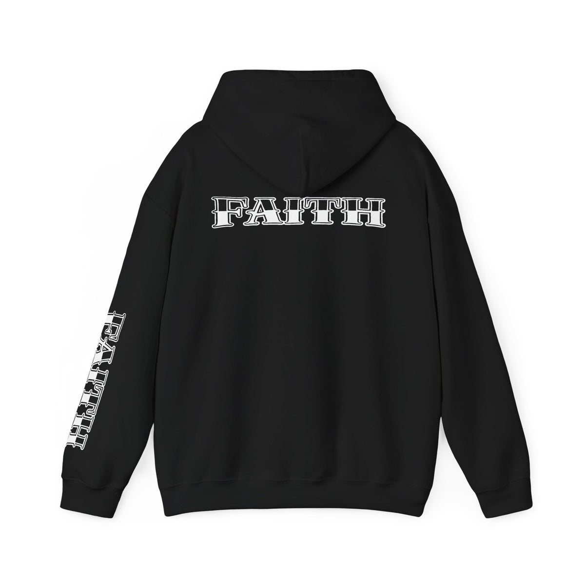 Faith - Graphic Hoodie — Black Religious Faith Pullover with Sleeve and Back Print